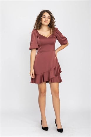 2087 KB Balon Kol Eteği Fırfırlı Saten Kısa Elbise