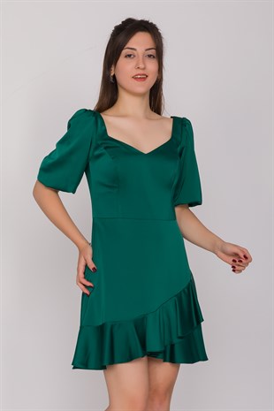 2087 KB Balon Kol Eteği Fırfırlı Saten Kısa Elbise