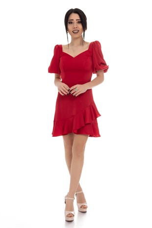 2087 KB Balon Kol Eteği Fırfırlı Saten Kısa Elbise