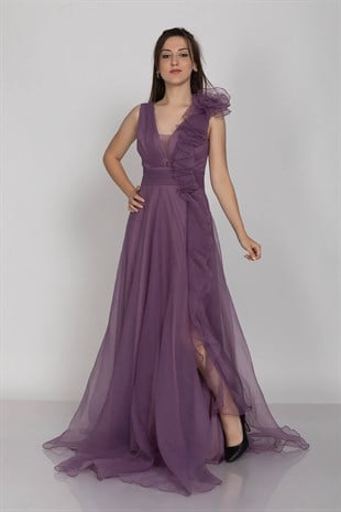 21019 Omuz ve Yanı Fırfır Detaylı Organze Tül Uzun Nişanlık Elbise