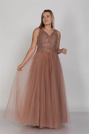 21224 KB Göğüs Suyolu Taş İşleme Vyaka Beli Transparan Tül Nişanlık Elbise