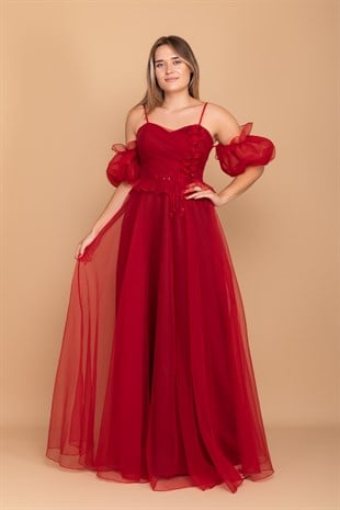 21248 Organze Tül Straplez Takma Kol Çiçekli İp Askı Nişanlık