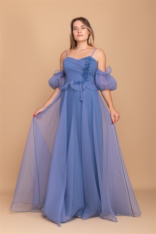 21248 Organze Tül Straplez Takma Kol Çiçekli İp Askı Nişanlık