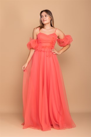 21248 Organze Tül Straplez Takma Kol Çiçekli İp Askı Nişanlık