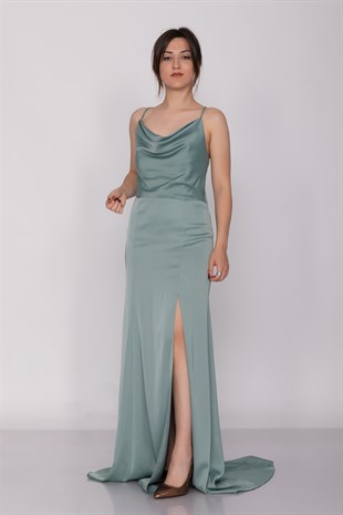 2125 Şalyaka İpli Yırtmaç ve Kuyruklu İpek Saten Uzun Abiye