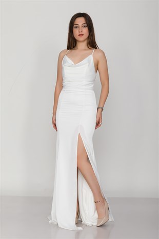 2125 Şalyaka İpli Yırtmaç ve Kuyruklu İpek Saten Uzun Abiye