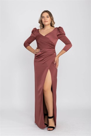 2126 Büyükbeden Karpuz Kol Yırtmaçlı Saten Uzun  Elbise