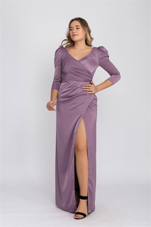 2126 Büyükbeden Karpuz Kol Yırtmaçlı Saten Uzun  Elbise