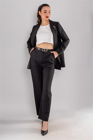 2128 2 Düğme Broşlu Ceket Bol Paça Pantolon İkili Takım