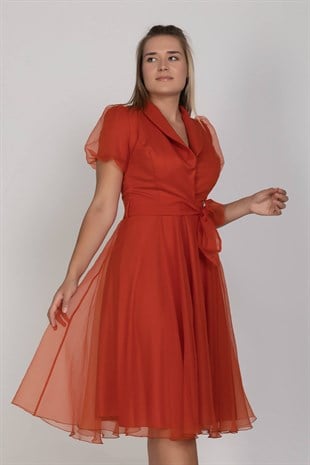 2136 Ceket Yaka Balon Kol Organze Midiboy Kuşaklı Elbise