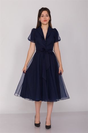 2136 Ceket Yaka Balon Kol Organze Midiboy Kuşaklı Elbise