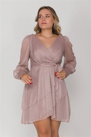 2138 Büyük Beden Simli Uzun Tül Kol Eteği Katlı Kısa Elbise