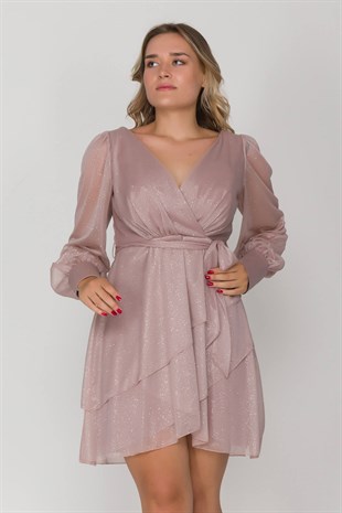 2138 Büyük Beden Simli Uzun Tül Kol Eteği Katlı Kısa Elbise