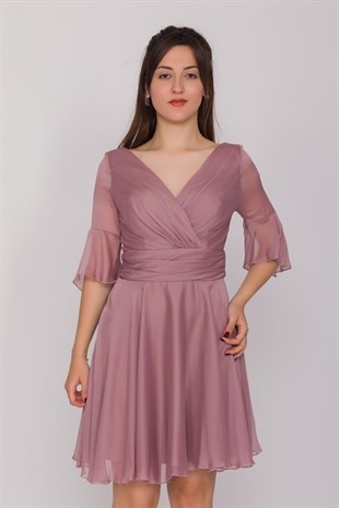 2139 Kristal Şifon Kruvaze Yaka Drapeli Tül Kol Kısa Elbise