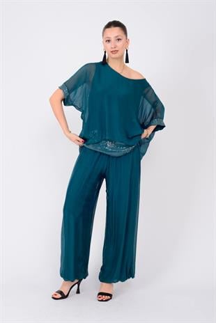 2161 Pulpayet Detay Bluz Pantolon İpek Takım