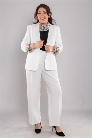 2167 Büyük Beden Fularklı Tek Düğme Detaylı Ceket Pantolon Takım