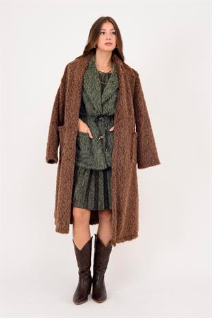 21789 Düz Desen Uzun Cepli Yakasız Keçe Ceket