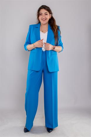 2179 Büyük Beden Kol Ucu Detay Tek Düğme Ceket Palazzo Pantolon Takım