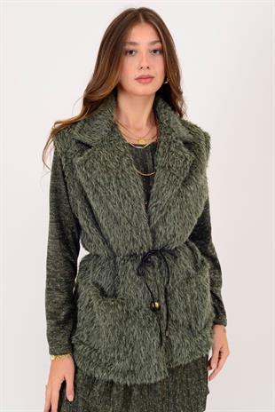 21807 İp Kemerli Ceket Yaka Keçe Yelek