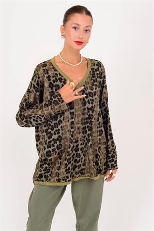 21812 Leopar Desen Vyaka Simli Bluz