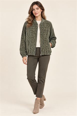 21883 Leopar Desen Fermuarlı Deri Ceket