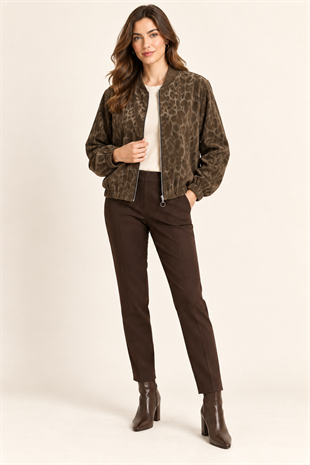 21883 Leopar Desen Fermuarlı Deri Ceket