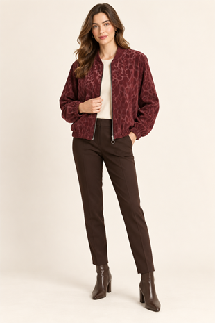 21883 Leopar Desen Fermuarlı Deri Ceket