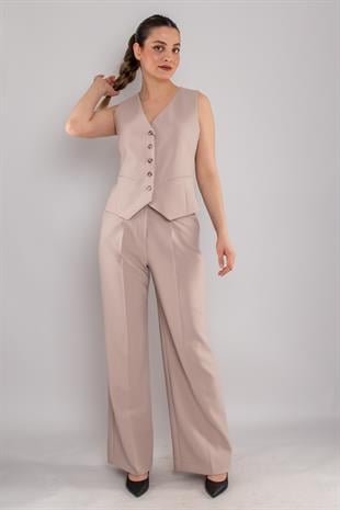 2202 Düğmeli Yelek Palazzo Pantolon Takım