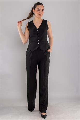 2202 Düğmeli Yelek Palazzo Pantolon Takım
