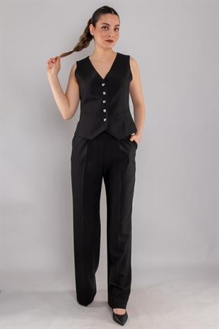 2202 Düğmeli Yelek Palazzo Pantolon Takım