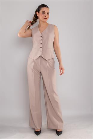 2202 Düğmeli Yelek Palazzo Pantolon Takım