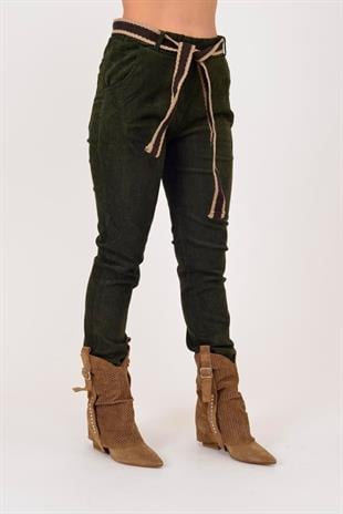 22036 Hasır Kemerli Kadife Pantolon