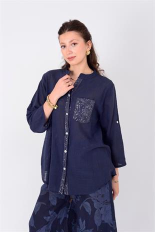 22046 Pul Detaylı 3 Düğmeli Keten Gömlek