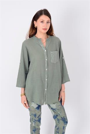 22046 Pul Detaylı 3 Düğmeli Keten Gömlek