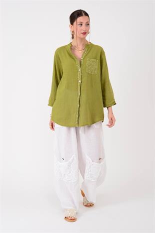 22046 Pul Detaylı 3 Düğmeli Keten Gömlek