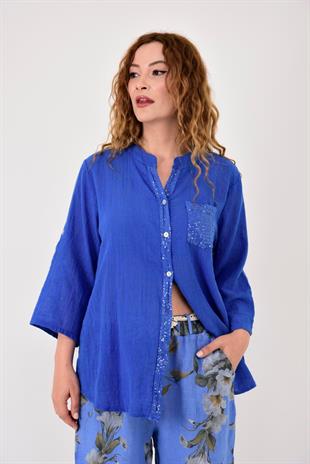 22046 Pul Detaylı 3 Düğmeli Keten Gömlek