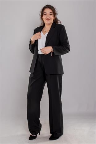 2212 Büyük Beden Tek Düğme Flamingo Broşlu Ceket Palazzo Pantolon Takım