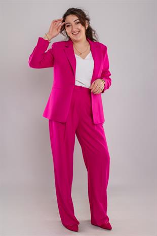 2212 Büyük Beden Tek Düğme Flamingo Broşlu Ceket Palazzo Pantolon Takım