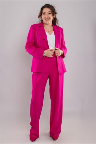 2212 Büyük Beden Tek Düğme Flamingo Broşlu Ceket Palazzo Pantolon Takım