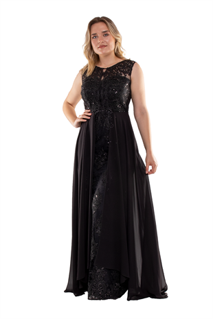 22417 Büyük Beden Nakışlı Tül Etek Detay Uzun Abiye