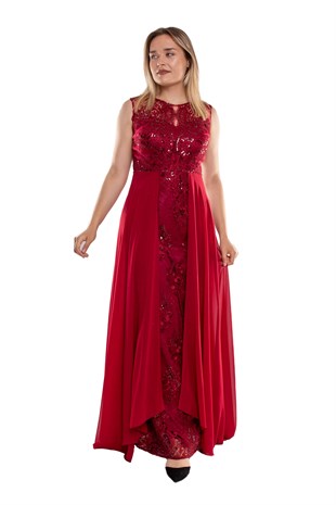 22417 Büyük Beden Nakışlı Tül Etek Detay Uzun Abiye