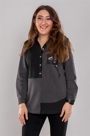 2255 Büyük Beden Cep Detay Parçalı Düğmeli Çzigili Viscon Bluz