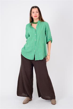 23003 Çizgili Yakasız Keten Gömlek