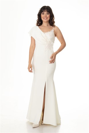 233 ASİMETRİK KOL NAKIŞLI UZUN KREP ABİYE