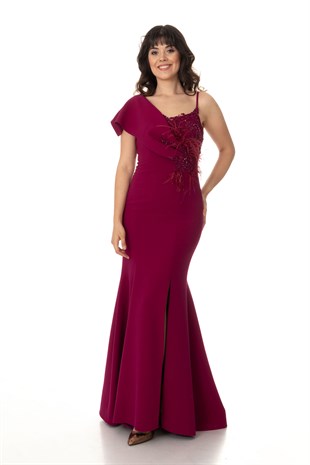 233 ASİMETRİK KOL NAKIŞLI UZUN KREP ABİYE