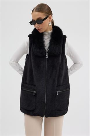 2389 Yaka Kürklü Fermuarlı Cepli Yumoş Yelek