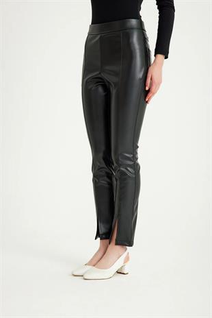 23K232 Önü Yırtmaçlı Deri Tayt Pantolon