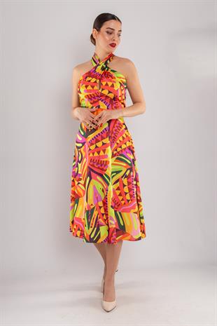 23Y2108 Cobe Renkli Çapraz Boyundan Askı Kısa Saten Elbise