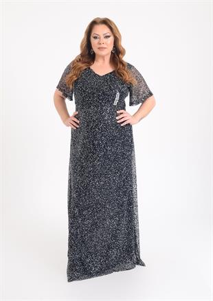 2403 Büyük Beden Pulpayet Yandan Broşlu Uzun Elbise