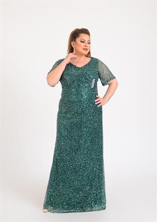 2403 Büyük Beden Pulpayet Yandan Broşlu Uzun Elbise